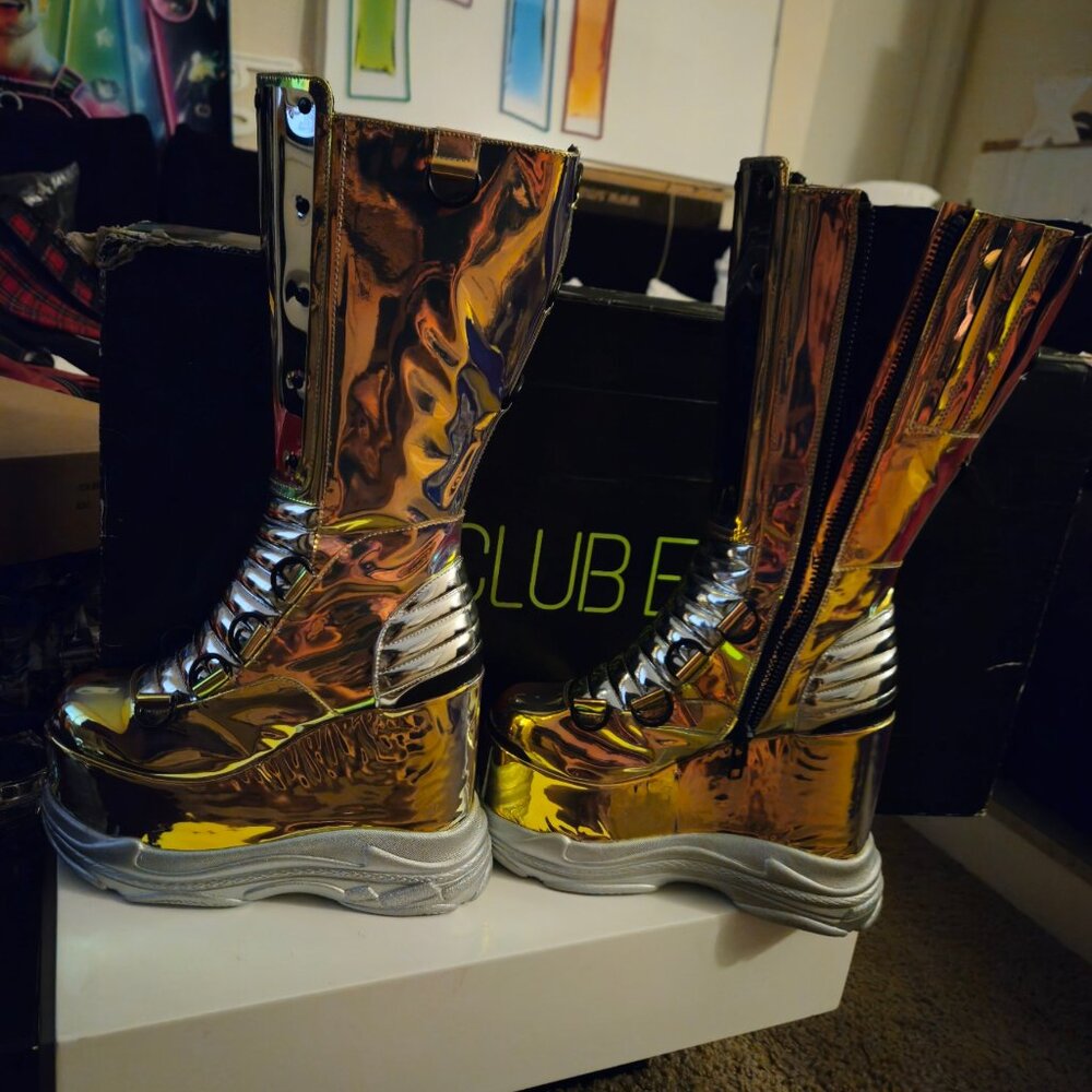 Dolls Kill CLUB EXX Mesmerizer Holographic Platform Boots